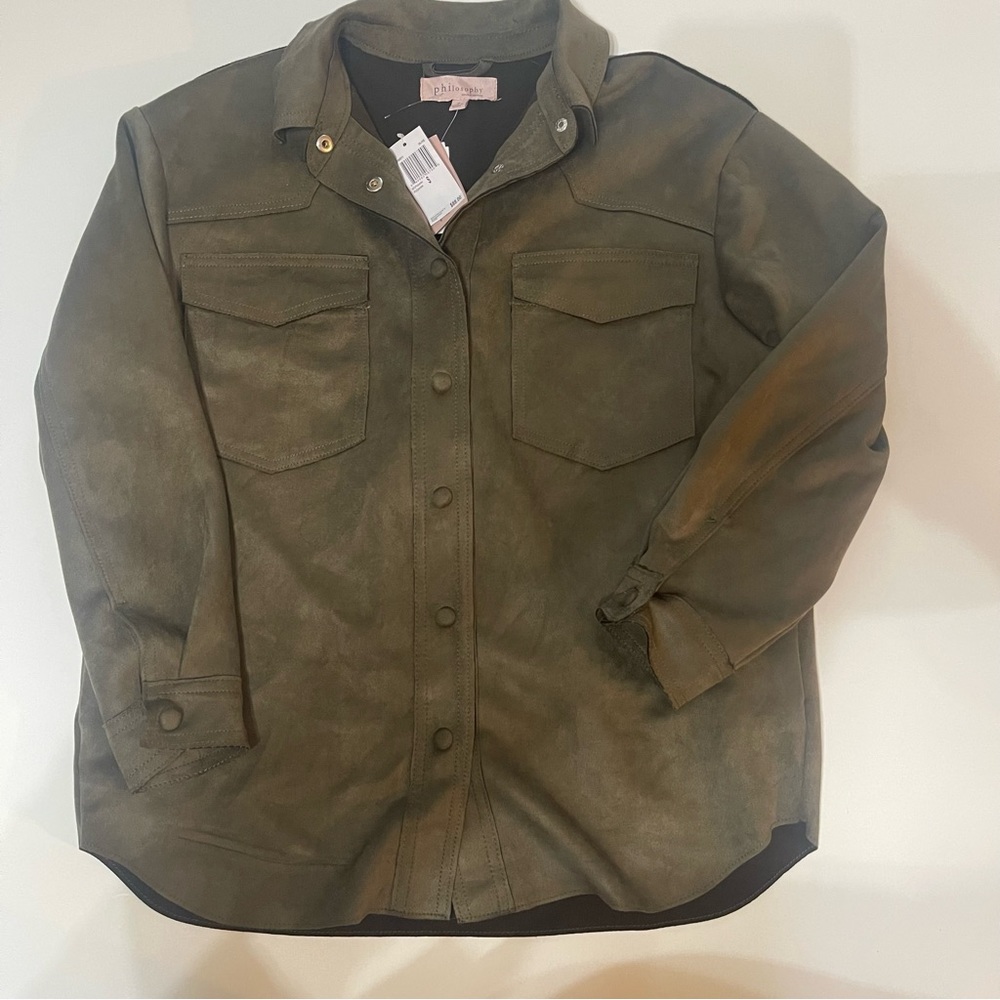 Philosophy NWT green faux leather button up shacket shirt jacket oversized comfy